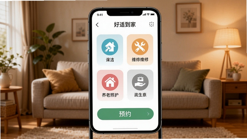 ���ʵ���APP��ҳչʾ������ͥ����ԤԼ������ֻ�Ӧ�ý�ͼ����������Ϊ�ֻ���Ļ����Ļ�ڳ��ֱ��ࡢά�ޡ������ջ��ȷ������ͼ����ԤԼ��ť������Ϊ��ܰ�ľӼҿ���������ůɫ�����ߣ���ƽ��UI��Ʒ�񣬸���ϸ��