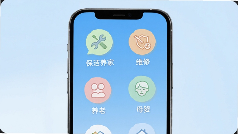 ���ʵ���Ӧ���ڷ������ҳ��չʾ����������Ϊ�ֻ���Ļ����Ļ���������б��ࡢά�ޡ����ϡ�ĸӤ�ȷ���ͼ�꣬ÿ��ͼ���·��м�Ҫ���ֱ�ǩ������Ϊǳ��ɫ���䣬��������ˬ��࣬ͻ���������ƽ̨�ķḻƷ��