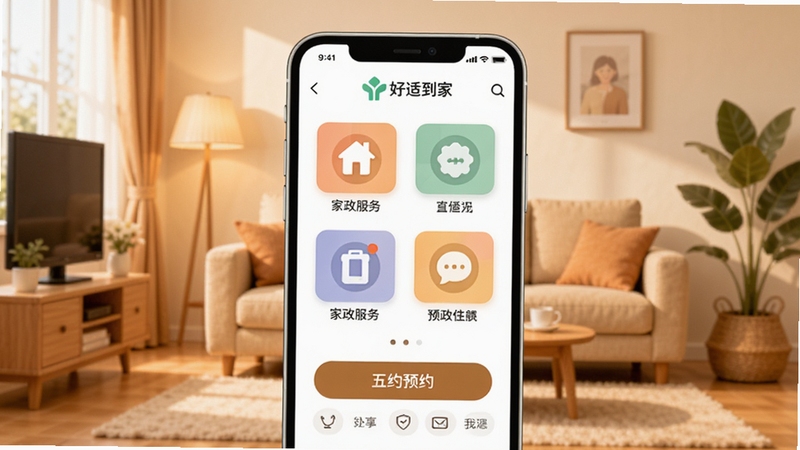 好适到家APP首页界面展示,画面中央是手机屏幕,屏幕内呈现家政服务分类图标与预约按钮,背景为温馨家庭客厅环境,暖色调,简约扁平化设计风格,突出好适到家品牌标识