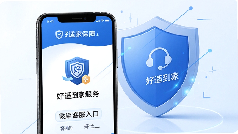 好适到家订单保障页面,手机屏幕展示保险图标与客服入口,背景为蓝色安全盾牌元素,画面稳重可靠,强调好适到家服务保障体系