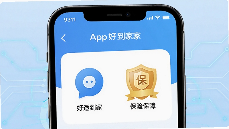 好适到家APP安全中心页面,手机屏幕显示实名认证图标与保险保障标识,背景为浅蓝色科技感线条,画面简洁安全,突出好适到家安全机制