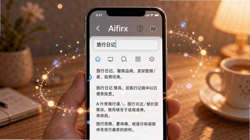 һ���ֻ���Ļ����ʾAIfirx�ı����ɽ��棬��������С������ռǡ��������·��Զ����ɶ�����֣�����Ϊ���ůɫ������Χ�з�������Ч�����������ܴ�����Χ