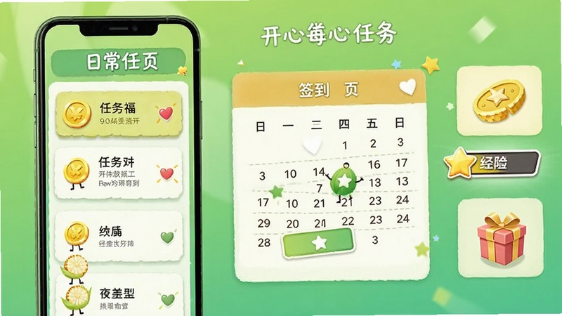 开心玉米日常任务与签到页面,手机屏幕中显示任务列表和签到日历,旁边有金币、经验条和礼盒图标,背景是清新的绿色渐变,画面突出每日福利与成长体系