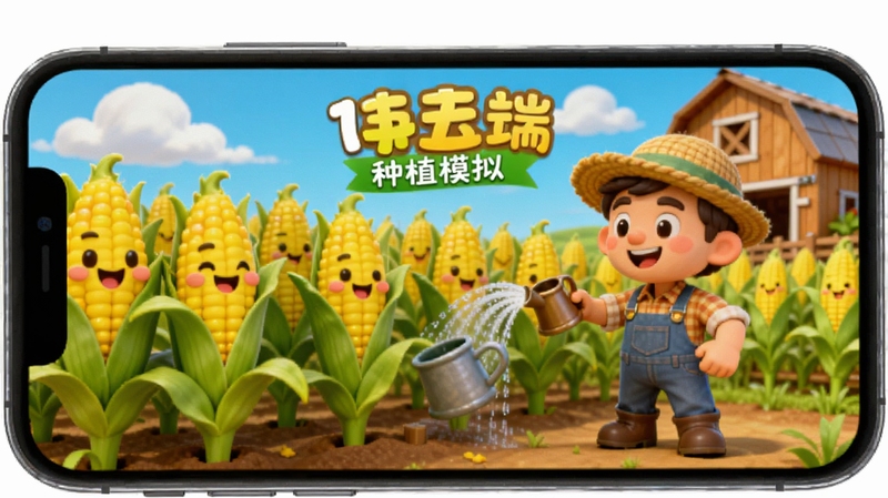 开心玉米云端种植模拟画面,手机屏幕中显示一片金黄色的玉米地,一位卡通农场主正在给玉米浇水,背景是蓝天白云和木质谷仓,画面色彩温暖明亮,适合作为软件功能介绍配图