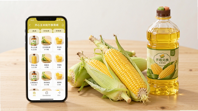 开心玉米实物兑换商城界面展示,画面中一部手机显示商城列表,旁边摆放着几根饱满的玉米棒和一瓶玉米油,背景是干净的木质桌面,整体风格简洁生活化,突出线上兑换线下收货的软件特色