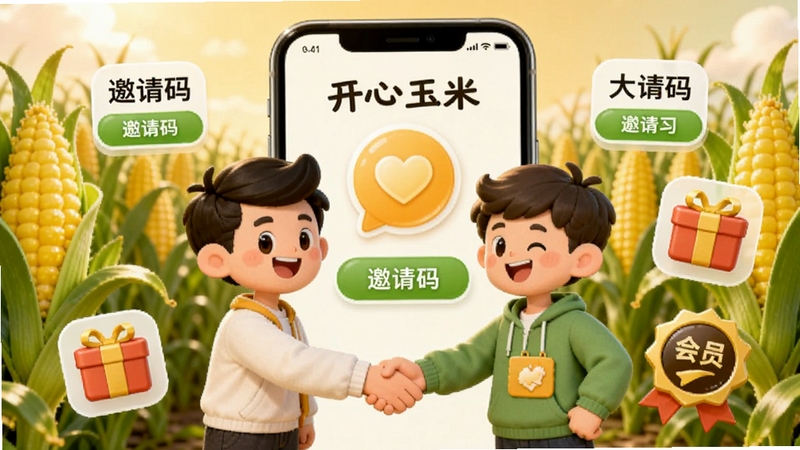 开心玉米会员邀请制界面,两位卡通人物在手机屏幕前握手,周围漂浮着邀请码、种子礼包和会员徽章图标,背景是绿色的玉米田和温暖的阳光,画面传递出社交互动与福利共享的氛围