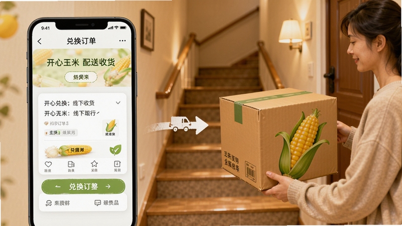 开心玉米实物配送流程示意图,画面左侧是手机屏幕中的兑换订单页面,右侧是一个快递包裹正被送到用户家门口,包裹上印有玉米图案,背景是温馨的社区楼道,突出从线上兑换到线下收货的完整链路