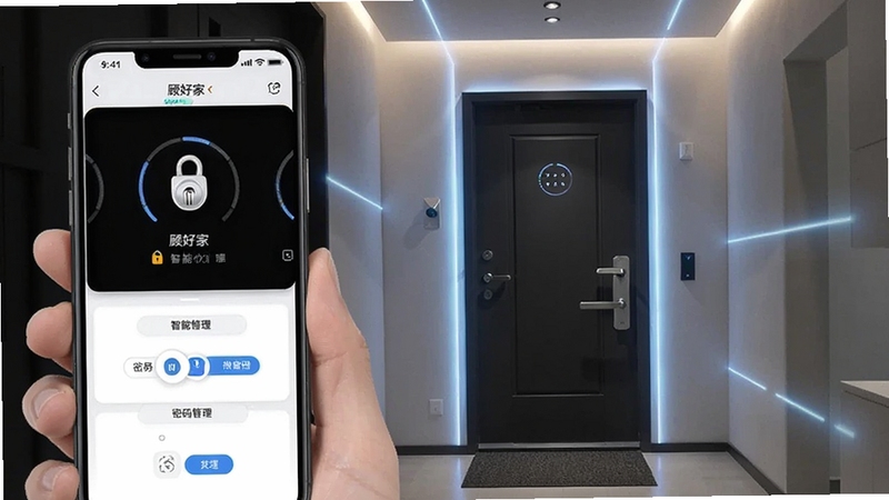 顾好家APP智能锁管理界面,手机显示门锁状态和密码管理,背景为现代家居入户门,科技感光线