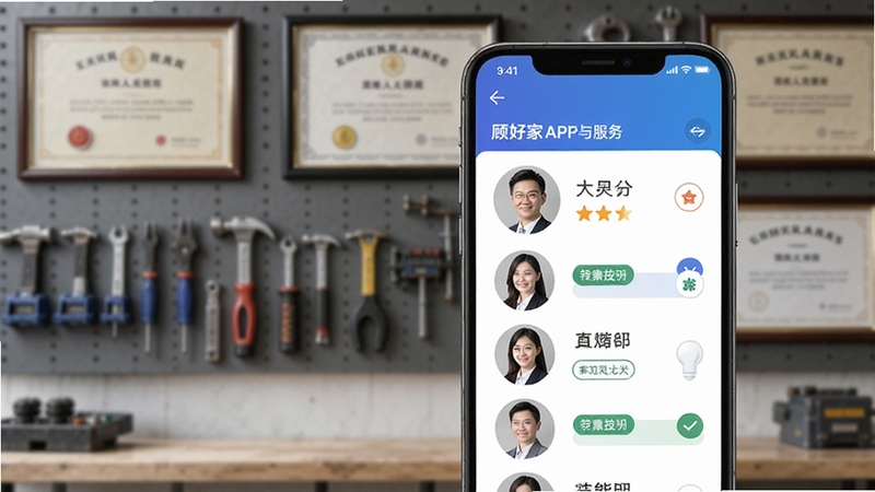 顾好家APP服务人员列表页面,手机展示人员头像、评分和技能标签,背景为工具墙和证书,商务简洁风格