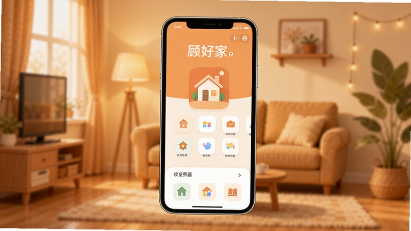 顾好家APP欢迎界面与功能图标展示,手机屏幕居中,背景为温馨家居环境,暖色调,扁平化设计风格,画面干净整洁