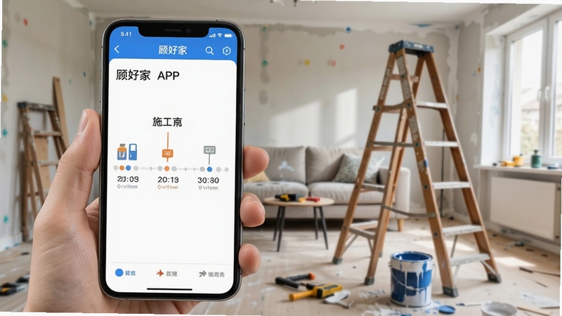 顾好家APP装修进度跟踪界面,手机显示施工阶段时间轴,背景为正在装修的客厅,有梯子和油漆桶,写实风格