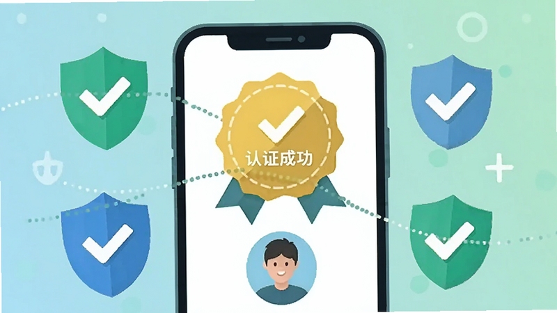 熟了软件真人认证功能示意插画,画面中心是手机屏幕显示认证成功徽章与用户头像,周围环绕盾牌、对勾等安全元素,背景为柔和的蓝绿色渐变,风格扁平化设计