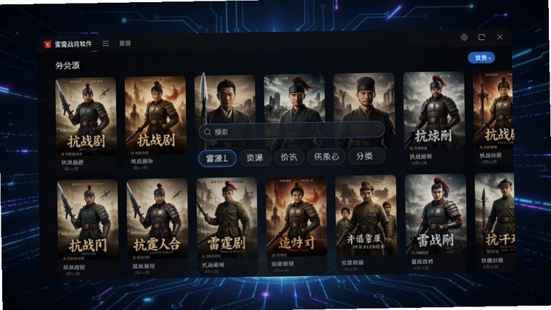 画面主体为雷霆战将软件的资源分类界面,展示抗战剧集海报墙,背景区域为深色科技感光效,画面中央有搜索框和分类标签,整体风格现代简洁,突出资源丰富的特点