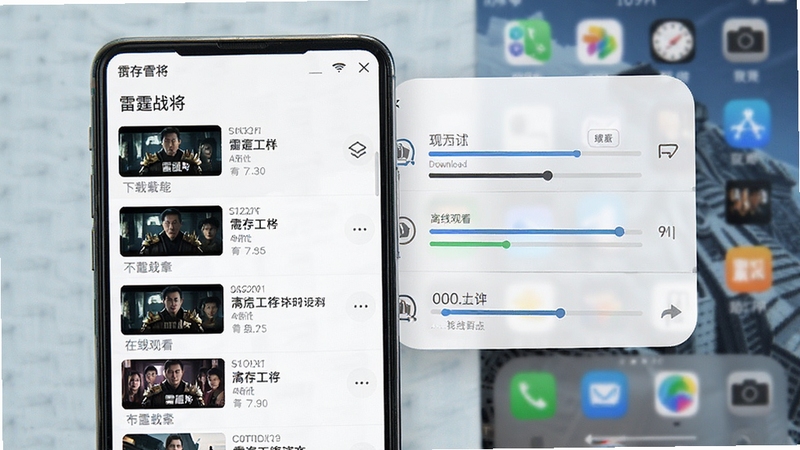 画面主体为雷霆战将软件的缓存管理界面,显示已下载的剧集列表和下载进度条,背景区域为手机桌面环境,画面风格清新简约,突出离线观看的便捷性
