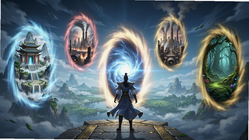 万界无双 诸天万界穿越场景 多个平行世界入口悬浮在虚空中 每个入口呈现不同地貌 有仙侠山门 蒸汽都市 远古森林 角色站在中央选择传送门 国风玄幻美术风格 高清游戏截图