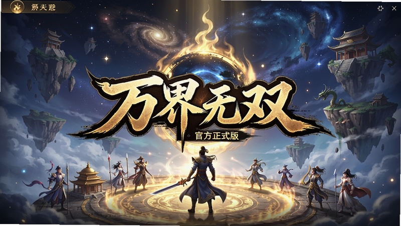 万界无双 官方正式版 游戏主界面 国风玄幻风格 角色站在诸天万界交汇处 背景为星空与浮空岛屿 画面中央展示游戏logo 整体色调偏暖金与深蓝 高清游戏宣传图
