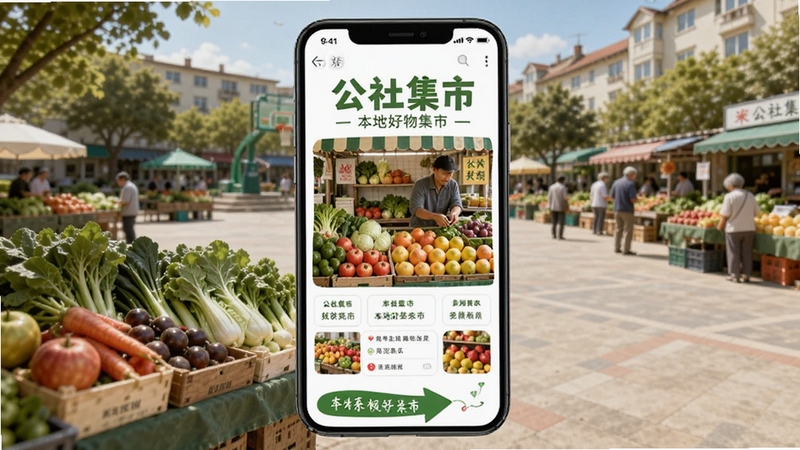 公社集市 本地好物集市页面 手机屏幕展示蔬菜水果摊位 背景为社区广场 画面明亮 生活气息浓厚