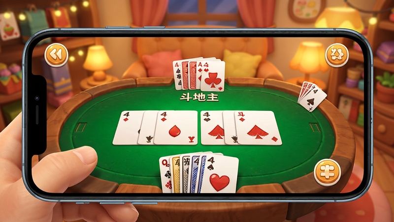 公社集市 棋牌互动界面 斗地主牌桌特写 手机横屏显示 背景为温馨室内灯光 卡通风格 色彩明快
