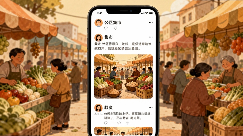 公社集市 社区动态页面 手机屏幕显示图文帖子 背景为集市人群 暖色调 插画风格 细节丰富