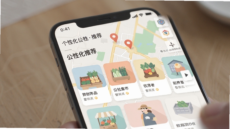 公社集市 个性化推荐页面 手机屏幕展示附近商品卡片 背景为地图定位标记 现代扁平化 色彩柔和