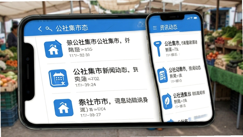 公社集市 资讯动态页面 手机屏幕展示新闻列表 背景为简洁阅读界面 蓝白配色 图标清晰