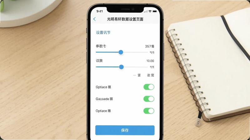 光明易轩数据设置页面截图,画面中央为手机屏幕显示参数调节滑块与选项开关,背景区域为浅木色桌面与一本笔记本,整体风格干净整洁,细节包含设置项文字、开关状态与保存按钮,适配Boogu模型生成