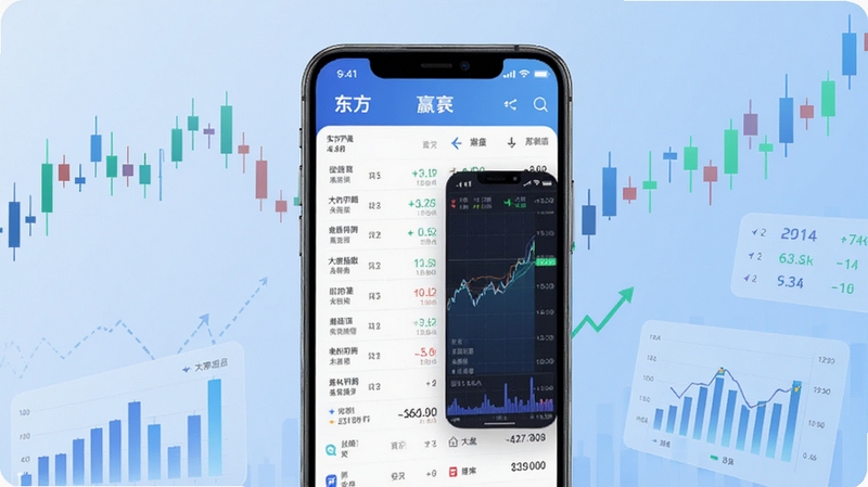 东方赢家手机APP主界面展示,画面中央为手机屏幕,屏幕内呈现股票行情列表与大盘指数走势图,背景为淡蓝色渐变金融风格,四周点缀K线图与数据图表元素,整体色调清爽专业,适配Boogu模型生成