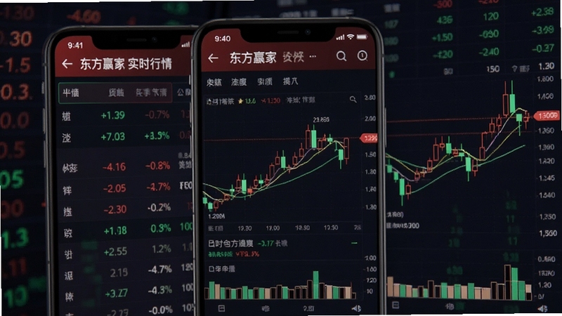东方赢家实时行情页面,手机屏幕显示红绿相间的股票报价列表与K线走势图,画面中央为一只股票的分时图,背景为深色金融数据风格,带有数字跳动效果,适配Boogu模型生成