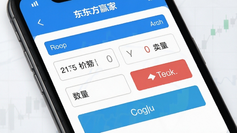 东方赢家交易下单界面,手机屏幕展示买入卖出操作面板,包含股票代码、价格、数量输入框与确认按钮,背景为简洁白色与蓝色调,突出交易便捷性,适配Boogu模型生成