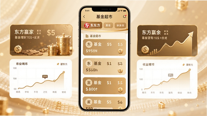 东方赢家基金理财页面,手机屏幕显示多款基金产品卡片与收益曲线图,画面中央为基金超市列表,背景为柔和金色与白色搭配,体现财富管理氛围,适配Boogu模型生成