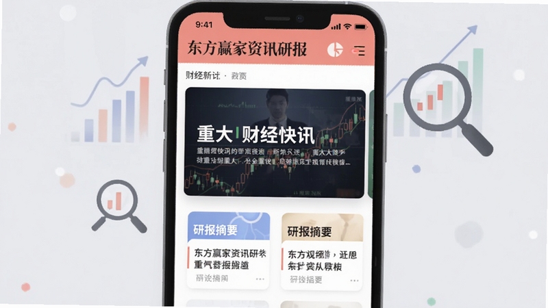 东方赢家资讯研报页面,手机屏幕展示财经新闻列表与研报摘要卡片,画面中央为一条重大财经快讯,背景为浅灰色阅读风格,带有放大镜与数据图标装饰,适配Boogu模型生成