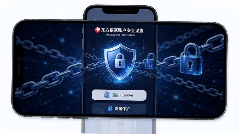 东方赢家账户安全设置页面,手机屏幕显示指纹解锁与密码保护选项,画面中央为安全盾牌图标,背景为深蓝色科技感风格,带有加密锁链元素,适配Boogu模型生成