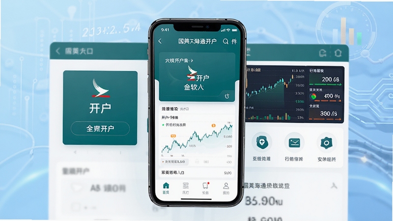 国泰海通开户软件主界面全貌展示,画面中央为手机屏幕显示APP首页,背景区域为浅蓝色渐变金融科技风格,屏幕内可见开户入口、行情概览与功能图标,整体色调沉稳专业,高清细节,适配Boogu模型生成