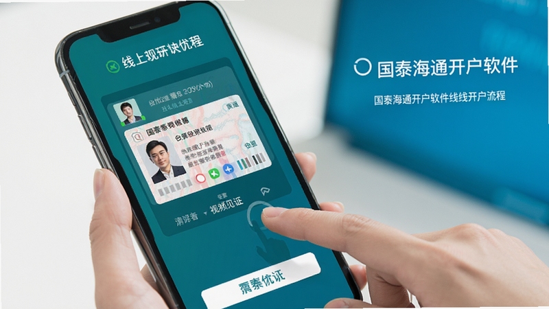 国泰海通开户软件线上开户流程界面,手机屏幕显示身份证上传与视频见证环节,背景为简洁白色与蓝色调,画面中有用户手指点击屏幕的交互动作,突出便捷高效的开户体验