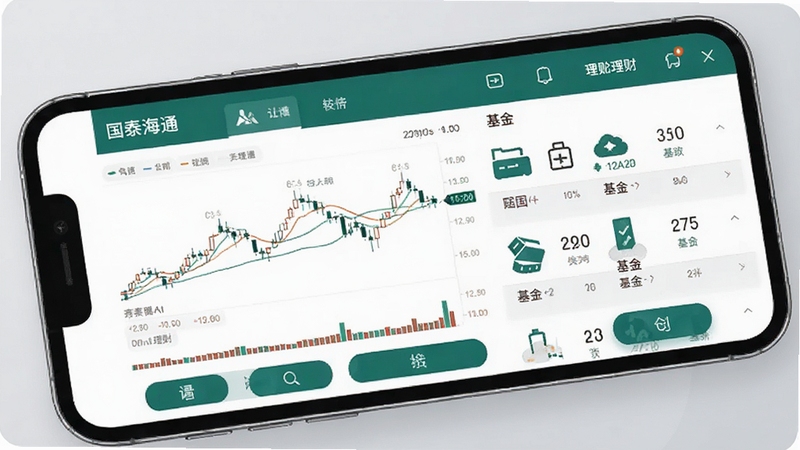 国泰海通开户软件行情与理财界面,手机屏幕展示股票K线图与基金产品列表,背景为柔和浅灰色,画面中可见数据图表与操作按钮,整体风格专业简洁