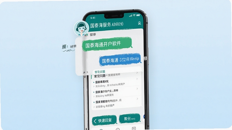 国泰海通开户软件智能客服交互界面,手机屏幕显示对话框与常见问题列表,背景为淡蓝色渐变,画面中有客服头像与快捷回复按钮,突出智能化服务体验