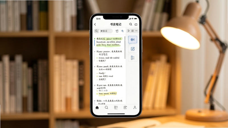 书言笔记 软件主界面全貌展示,画面中央为手机屏幕内显示笔记列表与编辑区域,背景为柔和的书架与暖色灯光,整体风格清新简约,突出阅读记录与知识管理氛围