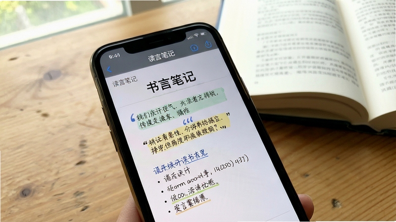 书言笔记 多格式笔记编辑界面特写,手机屏幕中显示正在编辑的读书摘抄,文字有标题、引用与列表样式,背景为木质桌面与一本翻开的书籍,光线柔和