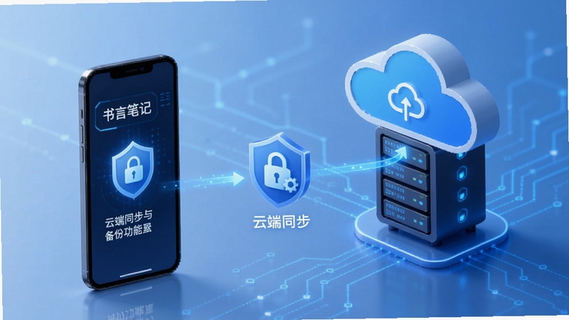 书言笔记 云端同步与备份功能示意图,画面展示手机与云端服务器之间的数据流动,背景为科技感浅蓝色调,突出安全与便捷