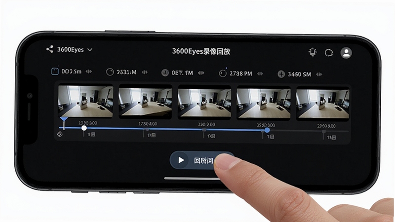 3600Eyes录像回放功能界面,手机屏幕显示时间轴与录像片段缩略图,用户手指点击回放按钮,背景为深色模式界面,突出视频内容