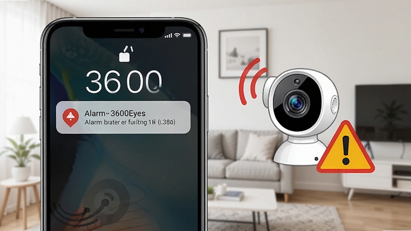 3600Eyes移动侦测报警推送示意图,手机锁屏界面显示报警通知,旁边有摄像头图标和警示标志,背景为家居环境,风格简洁明了