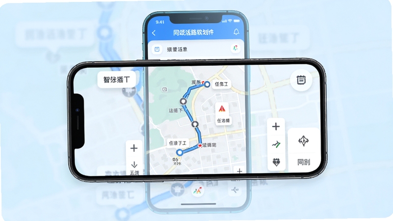 同颂活路软件界面中智能路径规划功能展示,手机屏幕中央显示清晰的路线图与任务节点,背景为浅蓝色渐变,整体风格简洁商务,画面明亮干净