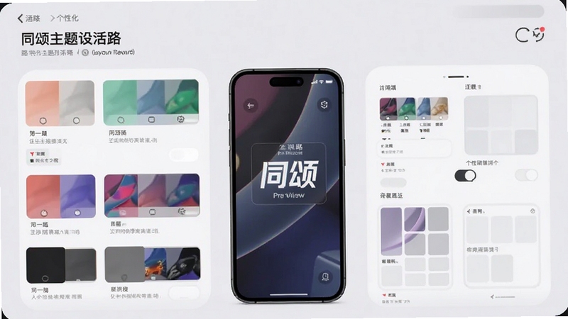 同颂活路个性化主题设置界面,手机屏幕显示多种配色方案与布局切换选项,背景为淡灰色,画面中央突出主题预览效果,风格现代时尚