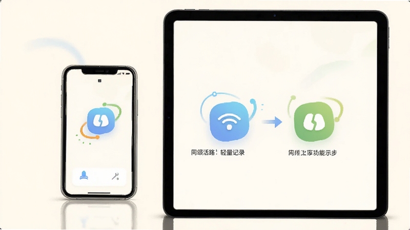 同颂活路轻量记录与同步功能示意,画面展示手机与平板之间数据同步的抽象图标,背景为柔和米白色,主体位于画面中心,风格清新简约
