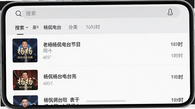 听老杨 杨侃电台节目列表页面,画面展示手机应用内电台节目列表,每行有节目封面、标题与时长,顶部有搜索框与分类标签,背景为浅灰色,文字清晰,风格清爽,适合展示音频应用界面