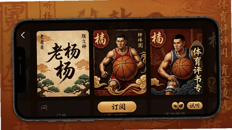 听老杨 体育评书专区界面,画面为手机屏幕显示体育评书专辑封面墙,封面包含古典元素与篮球元素结合的设计,页面有订阅按钮与试听标签,背景为暖色调,整体风格文化感强,适合展示付费内容页面