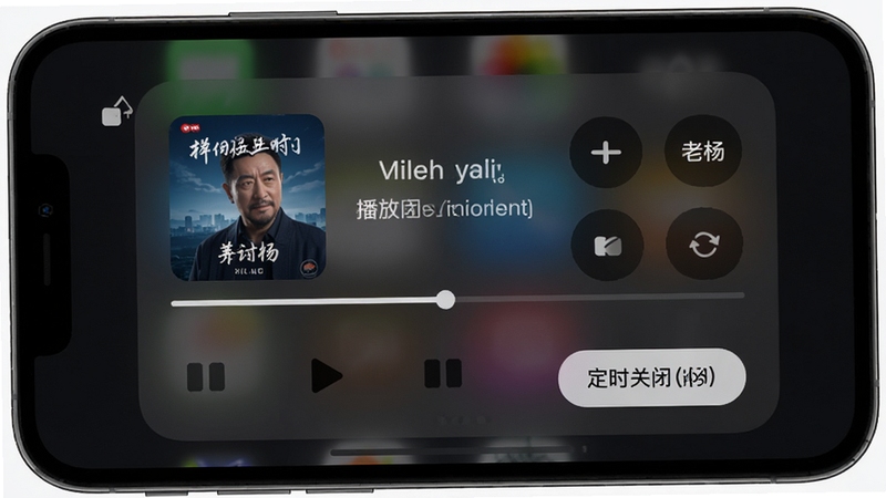 听老杨 播放控制与定时关闭设置界面,画面为手机锁屏播放控制面板,显示节目封面、播放进度条与定时关闭按钮,背景为深色毛玻璃效果,整体风格现代,适合展示播放功能