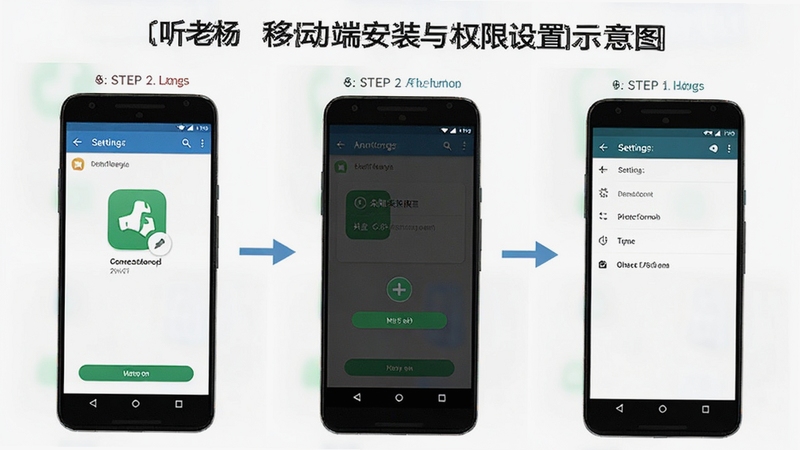 听老杨 移动端安装与权限设置示意图,画面展示手机屏幕分步操作:第一步点击安装包,第二步开启未知来源权限,第三步授予存储权限,界面为安卓系统设置页面风格,背景简洁,步骤清晰,适合教程配图