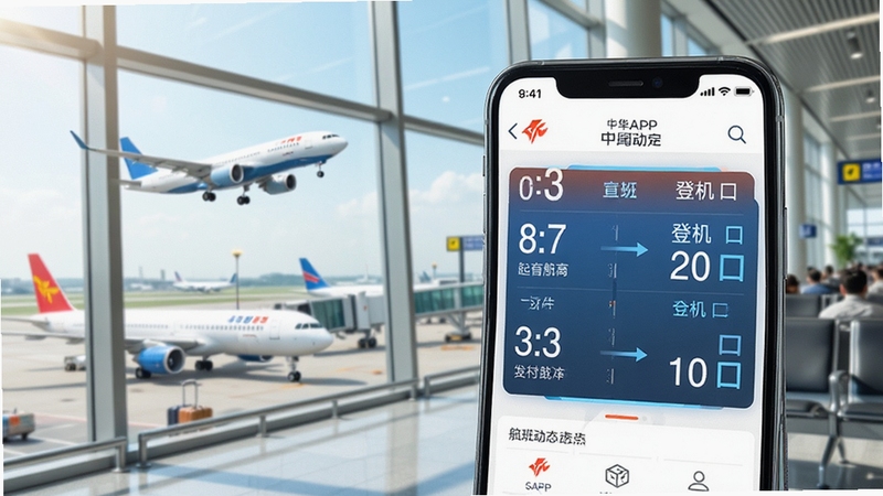 中华航空APP航班动态查询界面,手机屏幕显示航班起降时间与登机口信息,背景为机场候机大厅落地窗,窗外有飞机起降,画面明亮清晰,科技感与出行氛围结合