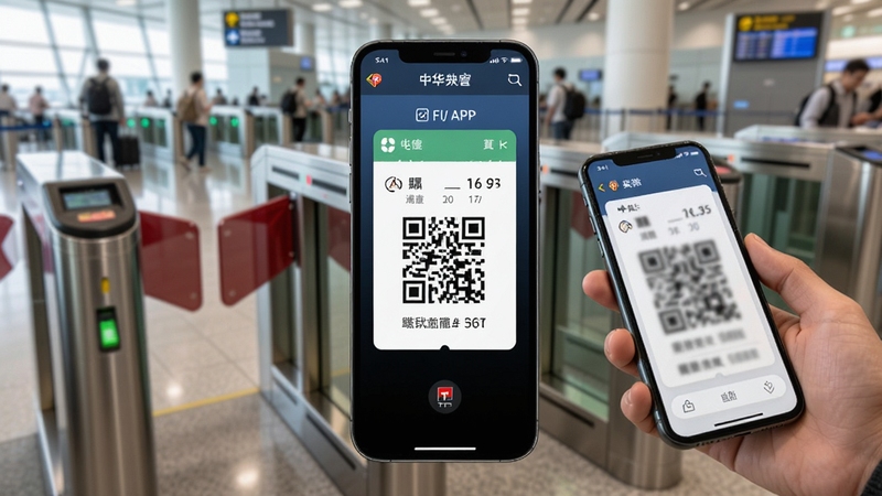 中华航空APP电子登机牌界面,手机屏幕显示二维码登机牌与航班信息,背景为机场登机口闸机,旅客手持手机准备扫描,画面明亮现代